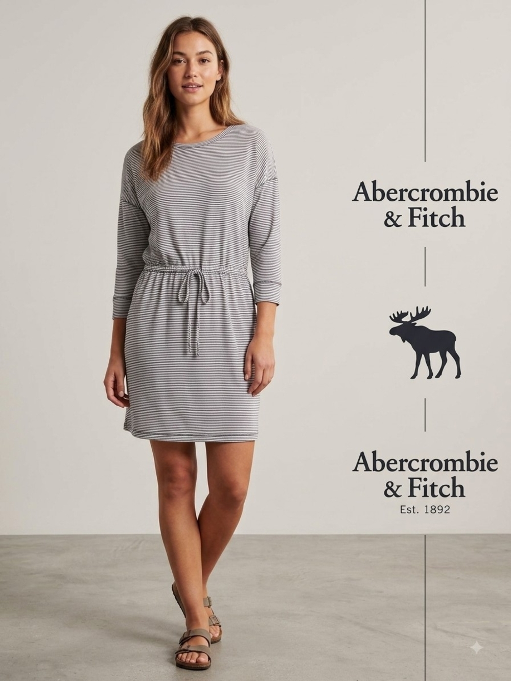 Abercrombie & Fitch Light Gray Striped Drawstring Waist Mini Dress